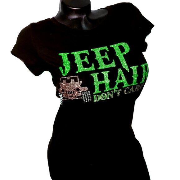 Jeep Hair Don't Care Fitted Tee with Pink Lettering ~ Swark. Crystals. - Picture 3 of 6